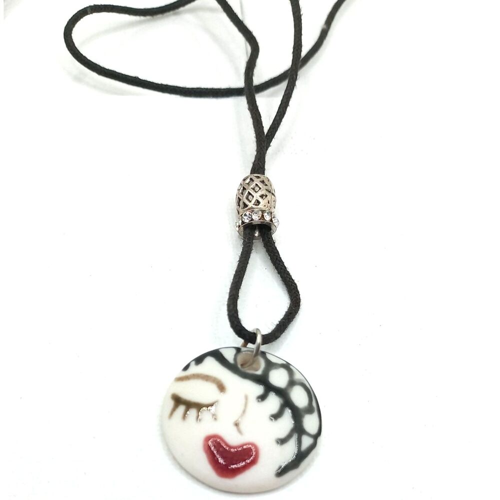 Elena Calderon Handmade Ceramic Face Pendant Necklace Adjustable Black Cord
